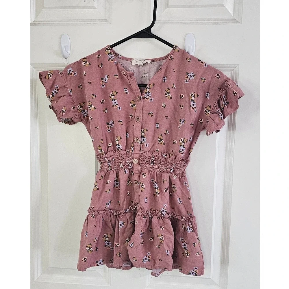 Jessica Simpson Girls Floral Smocked Waist Button Down Top Pink Size S 7